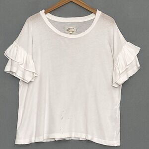 Current Elliott Womens Top 2 M Ruffle Roadie Tee Sugar White Distressed Classic